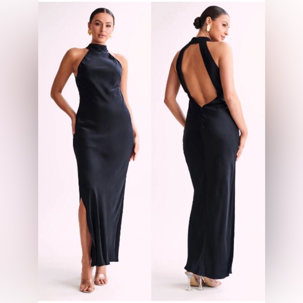 Meshki Black Halter Satin Backless Evening Gown